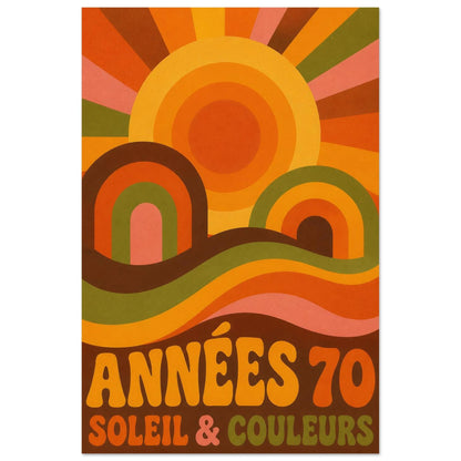 Affiche Années 70 – Soleil & Couleurs, sérigraphie illustrée verticale, format 30 × 45 cm