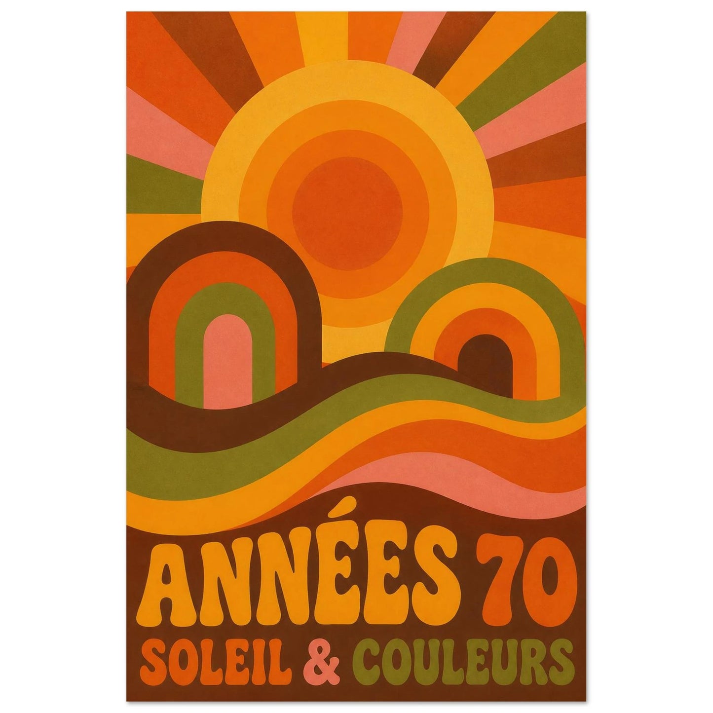 Affiche Années 70 – Soleil & Couleurs, sérigraphie illustrée verticale, format 60 × 90 cm