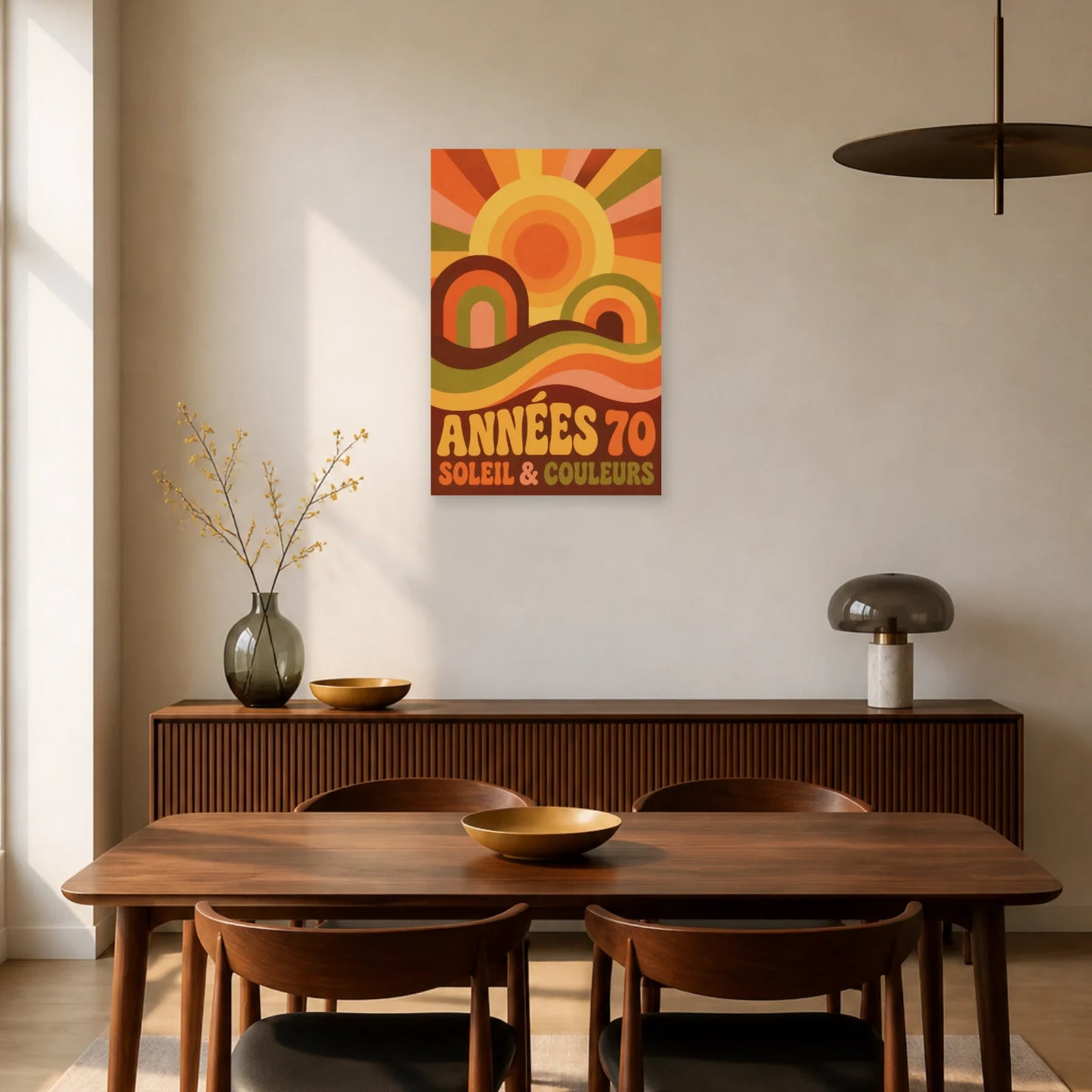 Affiche Années 70 – Soleil & Couleurs dans une salle à manger - Art Virtuoso