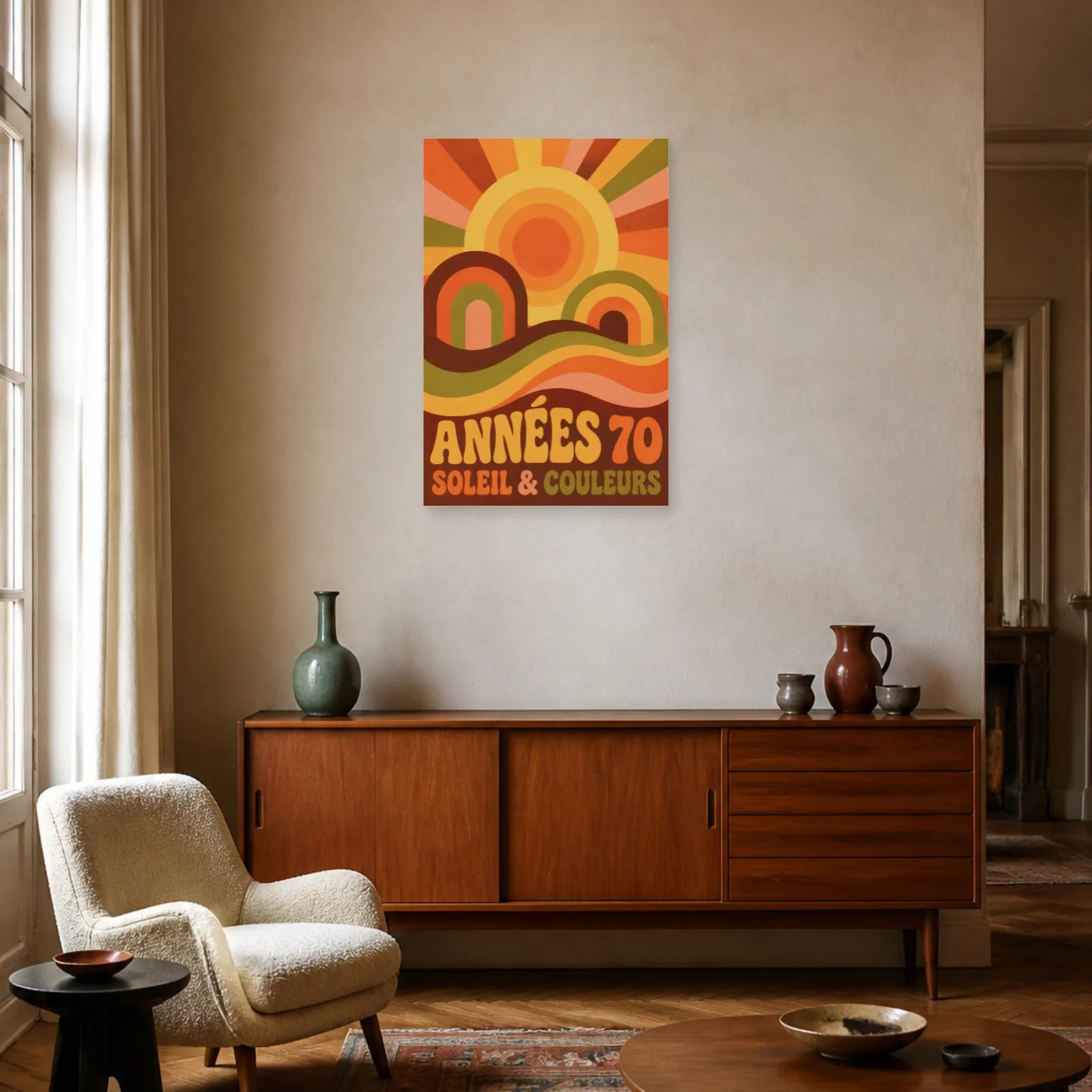 Affiche Années 70 – Soleil & Couleurs dans un salon - Art Virtuoso