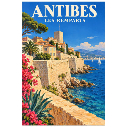Affiche Antibes - Remparts de lumière, illustration peinte / affiche de voyage rétro verticale, format 30 × 45 cm