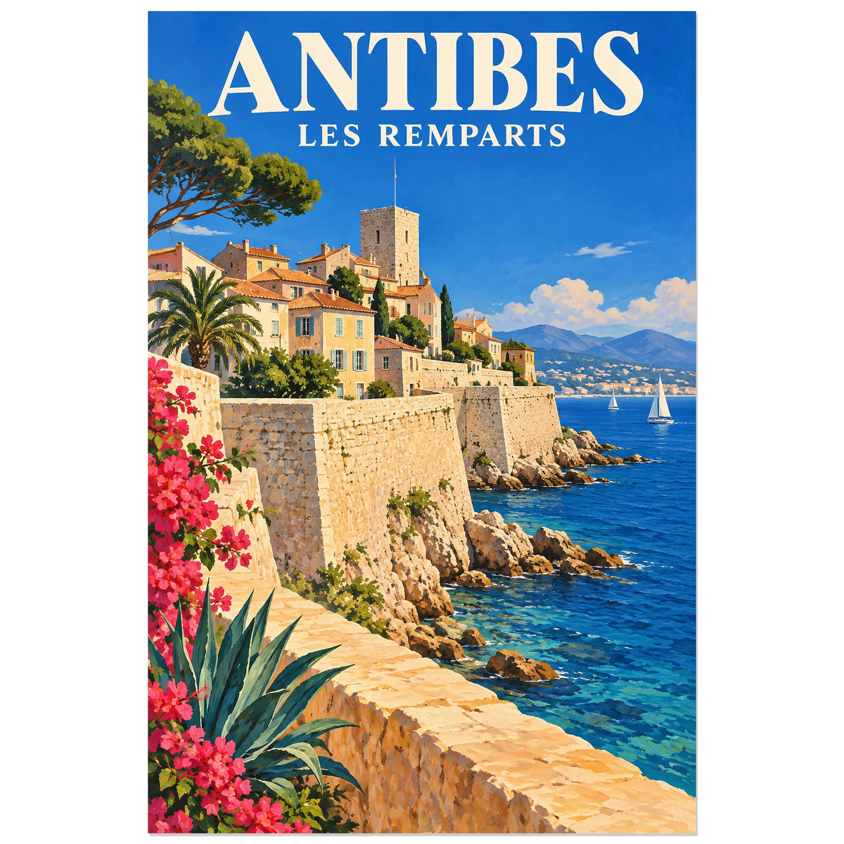 Affiche Antibes - Remparts de lumière, illustration peinte / affiche de voyage rétro verticale, format 60 × 90 cm