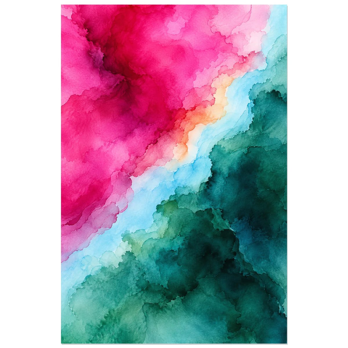 Affiche Aquarelle Abstraite fuchsia et pétrole, aquarelle abstraite / lavis numérique verticale, format 30 × 45 cm