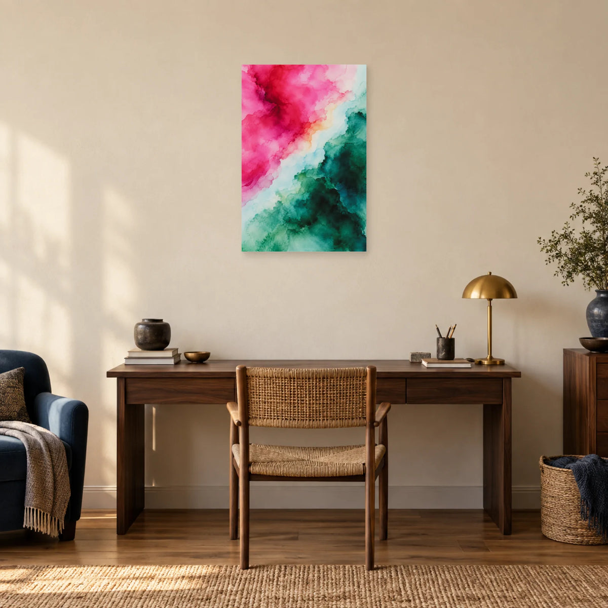 Affiche Aquarelle Abstraite fuchsia et pétrole dans un bureau - Art Virtuoso