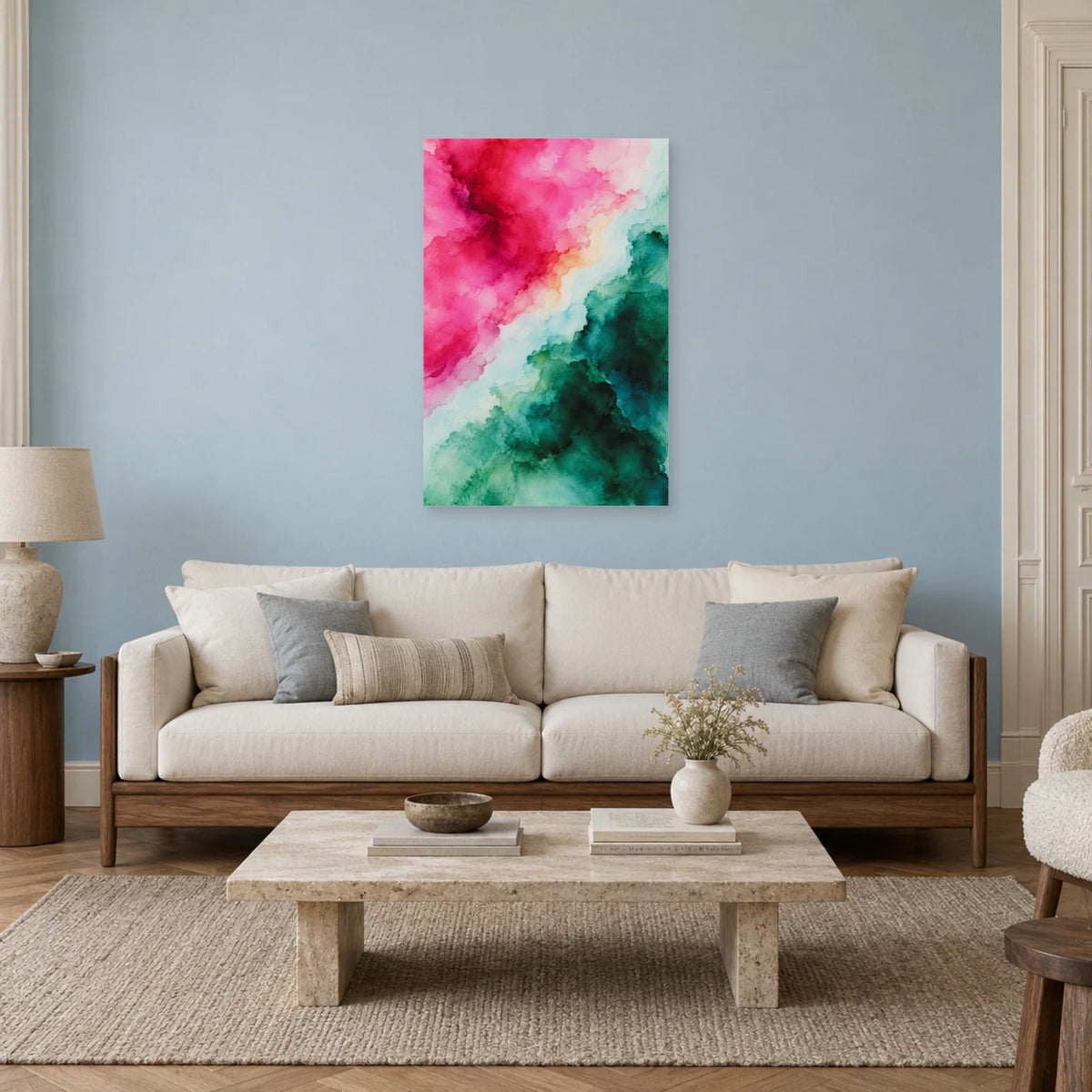 Affiche Aquarelle Abstraite fuchsia et pétrole dans un salon - Art Virtuoso