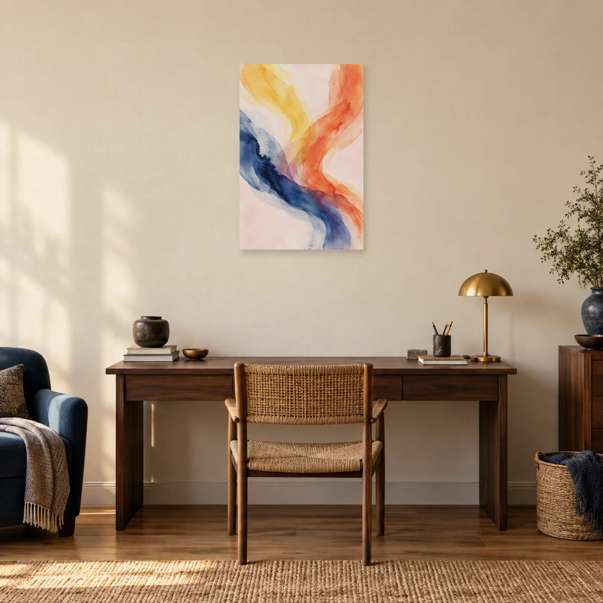 Affiche Aquarelle Abstraite ocre et indigo dans un bureau - Art Virtuoso