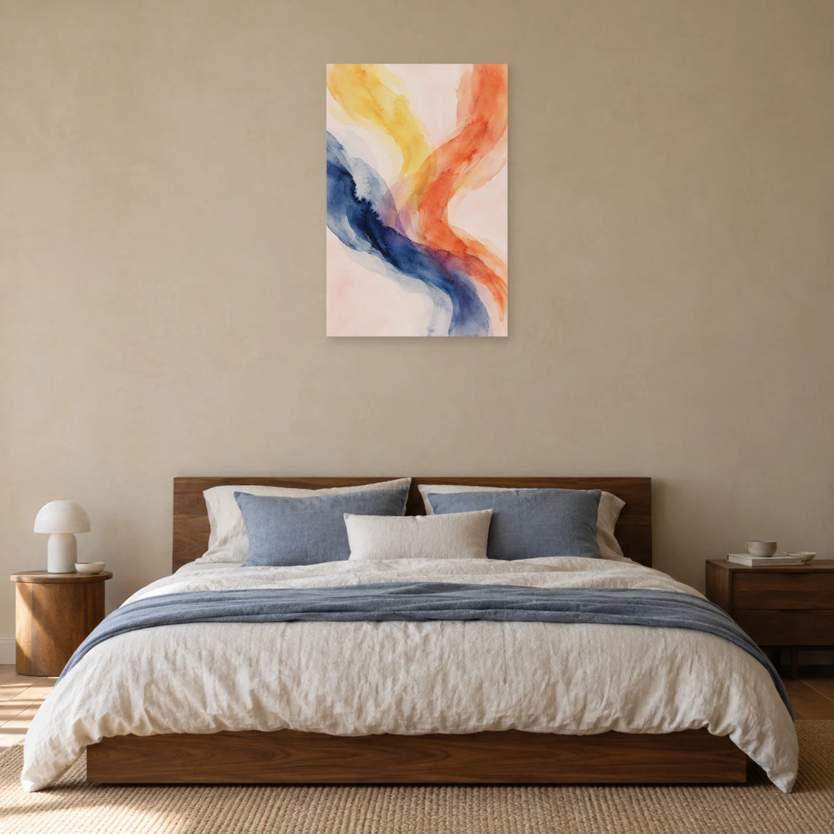 Affiche Aquarelle Abstraite ocre et indigo dans une chambre - Art Virtuoso