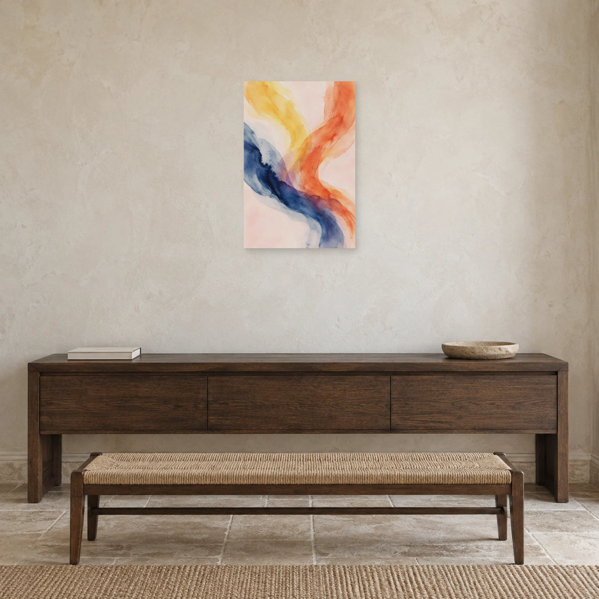 Affiche Aquarelle Abstraite ocre et indigo dans une entrée ou un couloir - Art Virtuoso