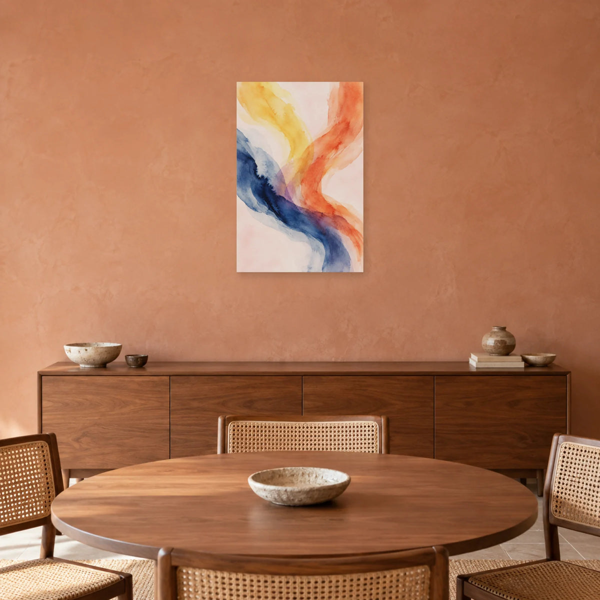 Affiche Aquarelle Abstraite ocre et indigo dans une salle à manger - Art Virtuoso