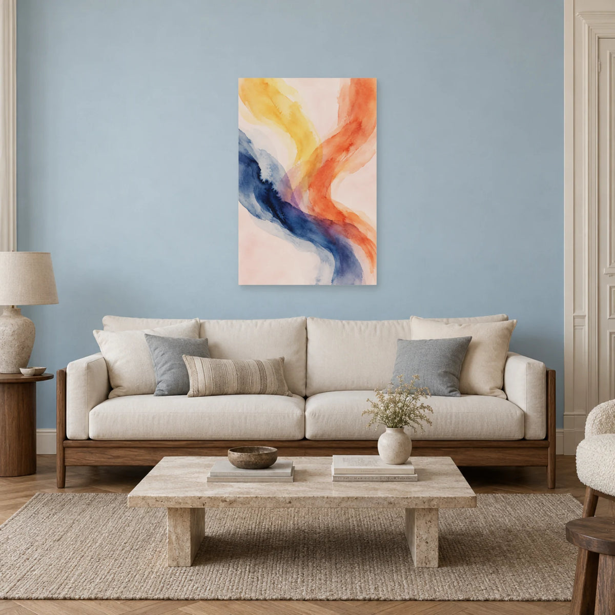 Affiche Aquarelle Abstraite ocre et indigo dans un salon - Art Virtuoso