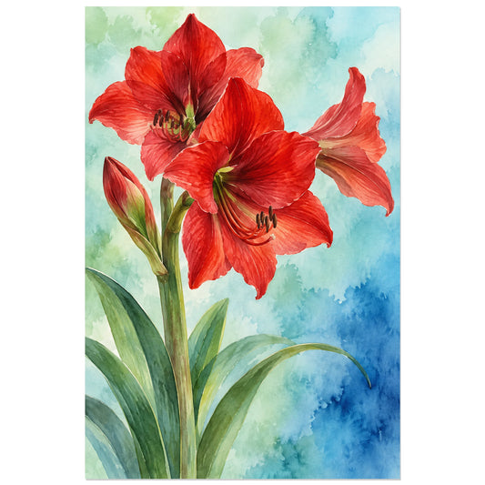 Affiche Aquarelle Amaryllis vermilion, illustration à effet aquarelle / lavis numérique verticale, format 30 × 45 cm