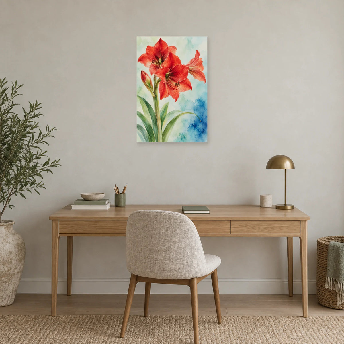 Affiche Aquarelle Amaryllis vermilion dans un bureau - Art Virtuoso