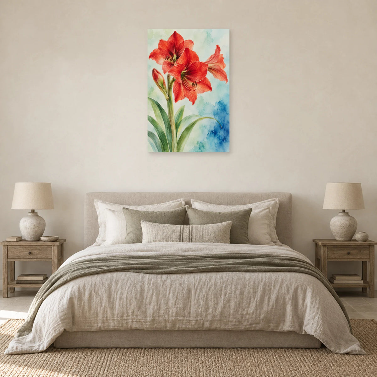 Affiche Aquarelle Amaryllis vermilion dans une chambre - Art Virtuoso