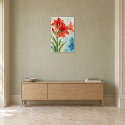 Affiche Aquarelle Amaryllis vermilion dans une entrée ou un couloir - Art Virtuoso