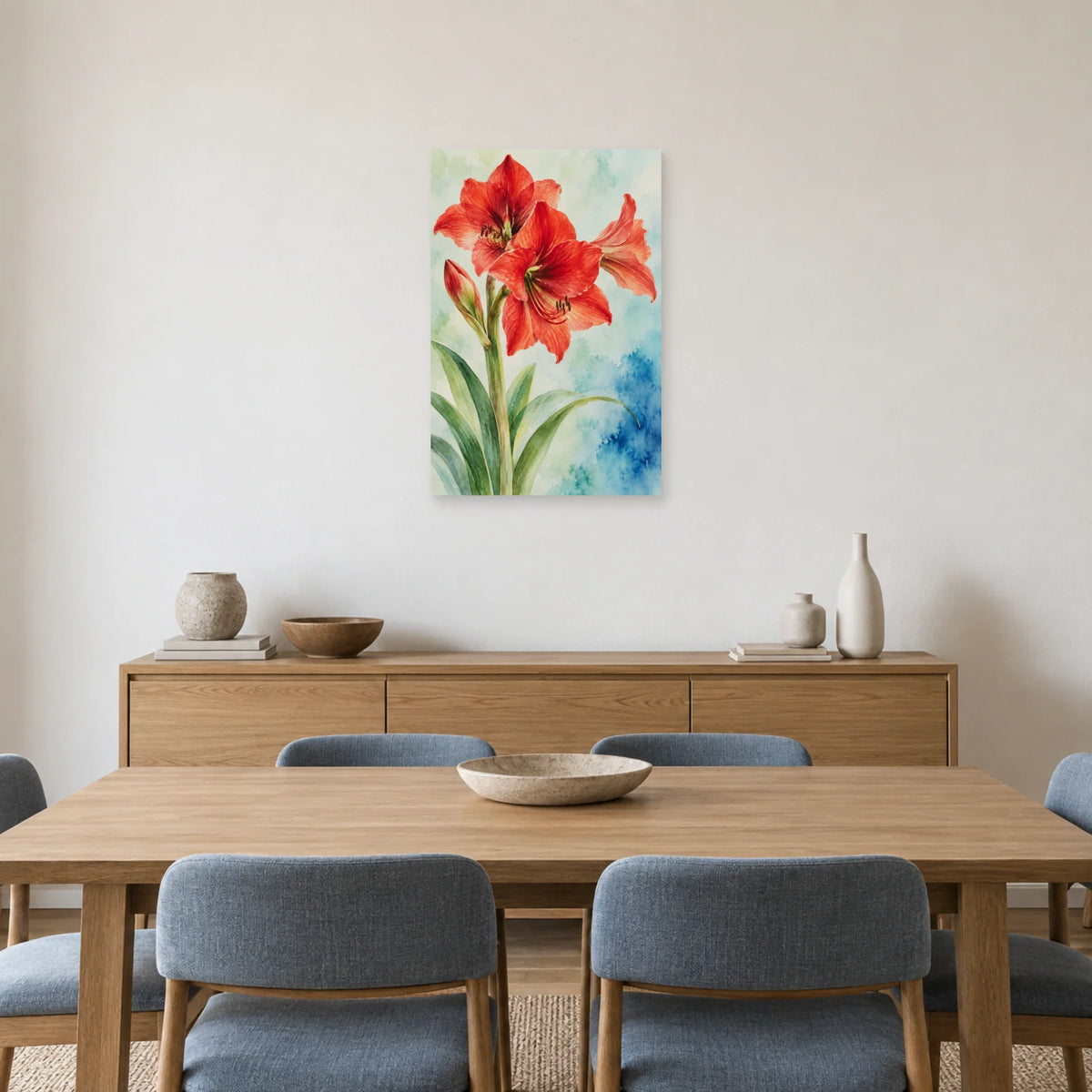 Affiche Aquarelle Amaryllis vermilion dans une salle à manger - Art Virtuoso