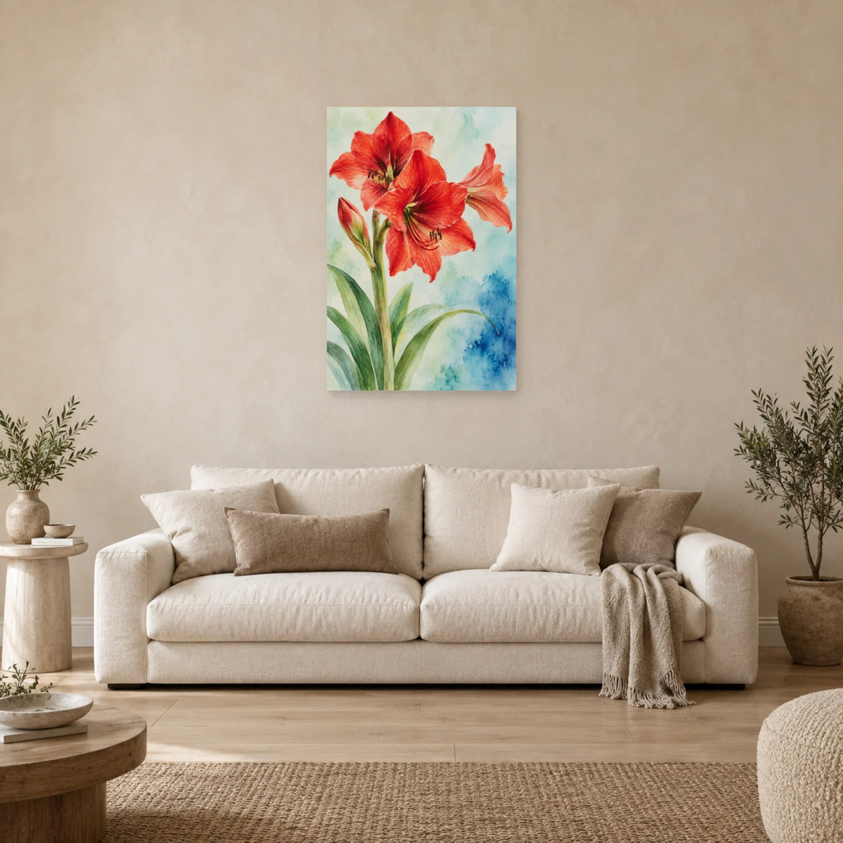Affiche Aquarelle Amaryllis vermilion dans un salon - Art Virtuoso