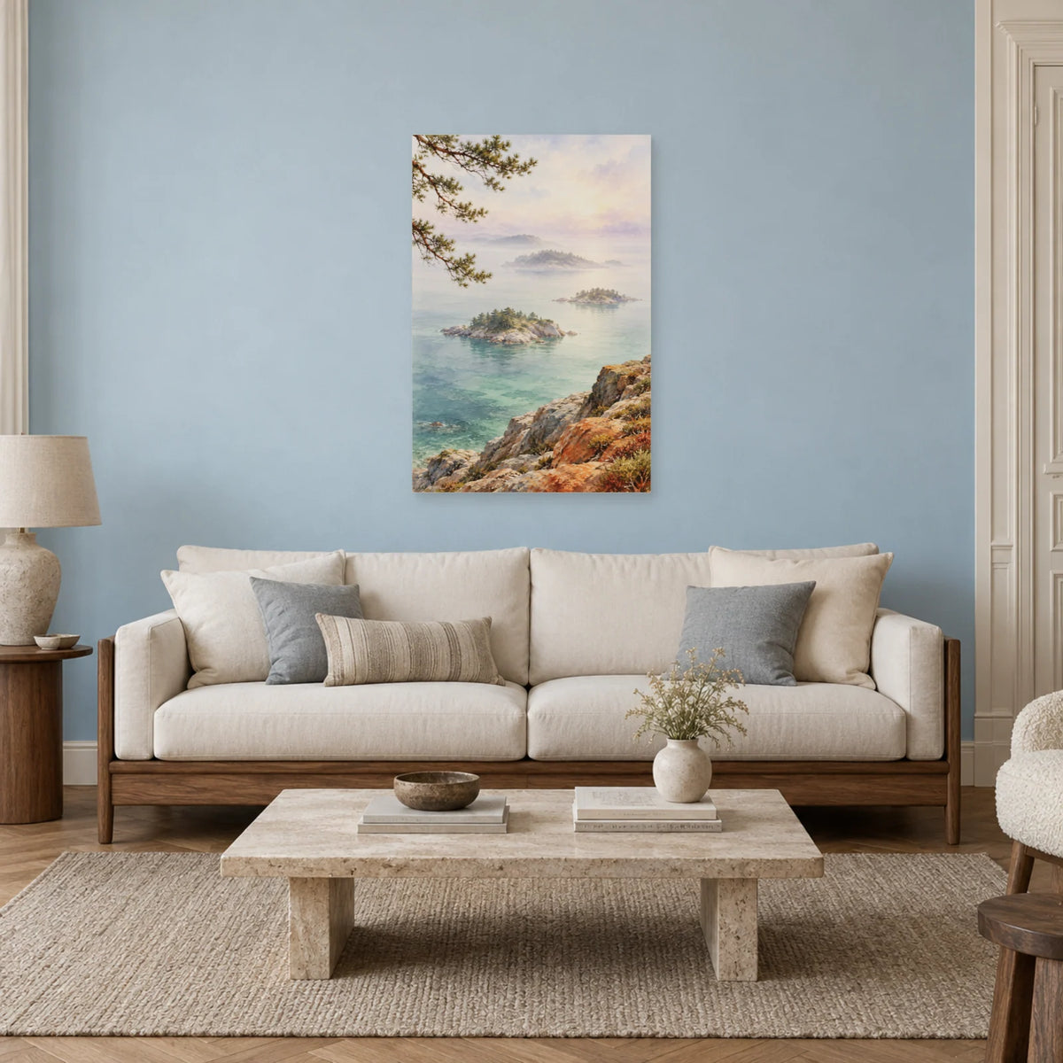 Affiche Aquarelle Archipel de brumes dans un salon - Art Virtuoso