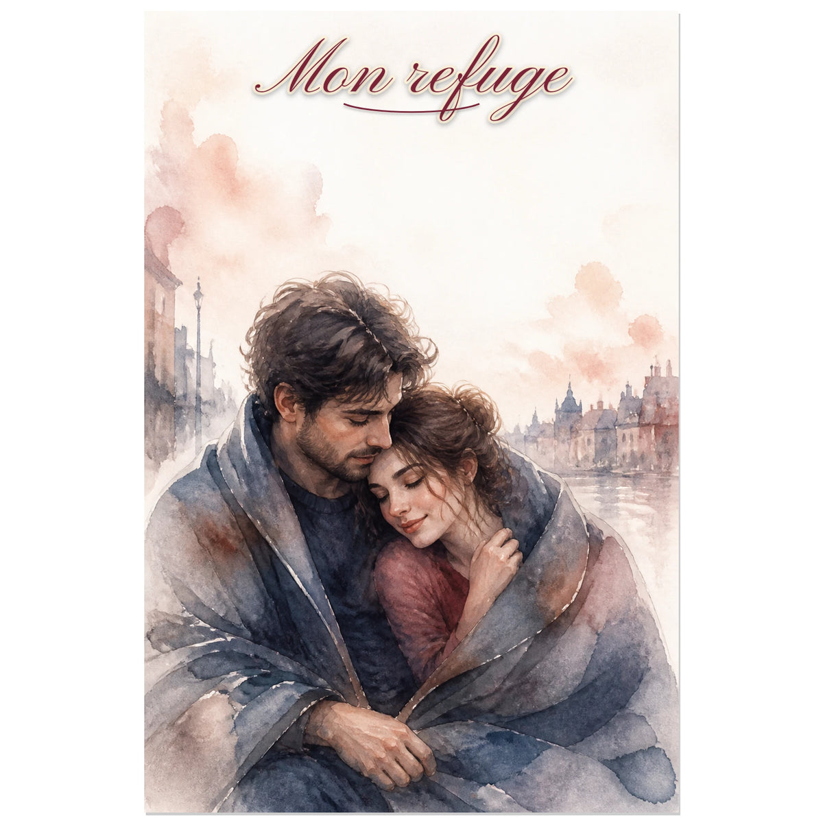 Affiche Mon refuge - Couple aquarelle, aquarelle figurative douce aux contours diffus verticale, format 30 × 45 cm