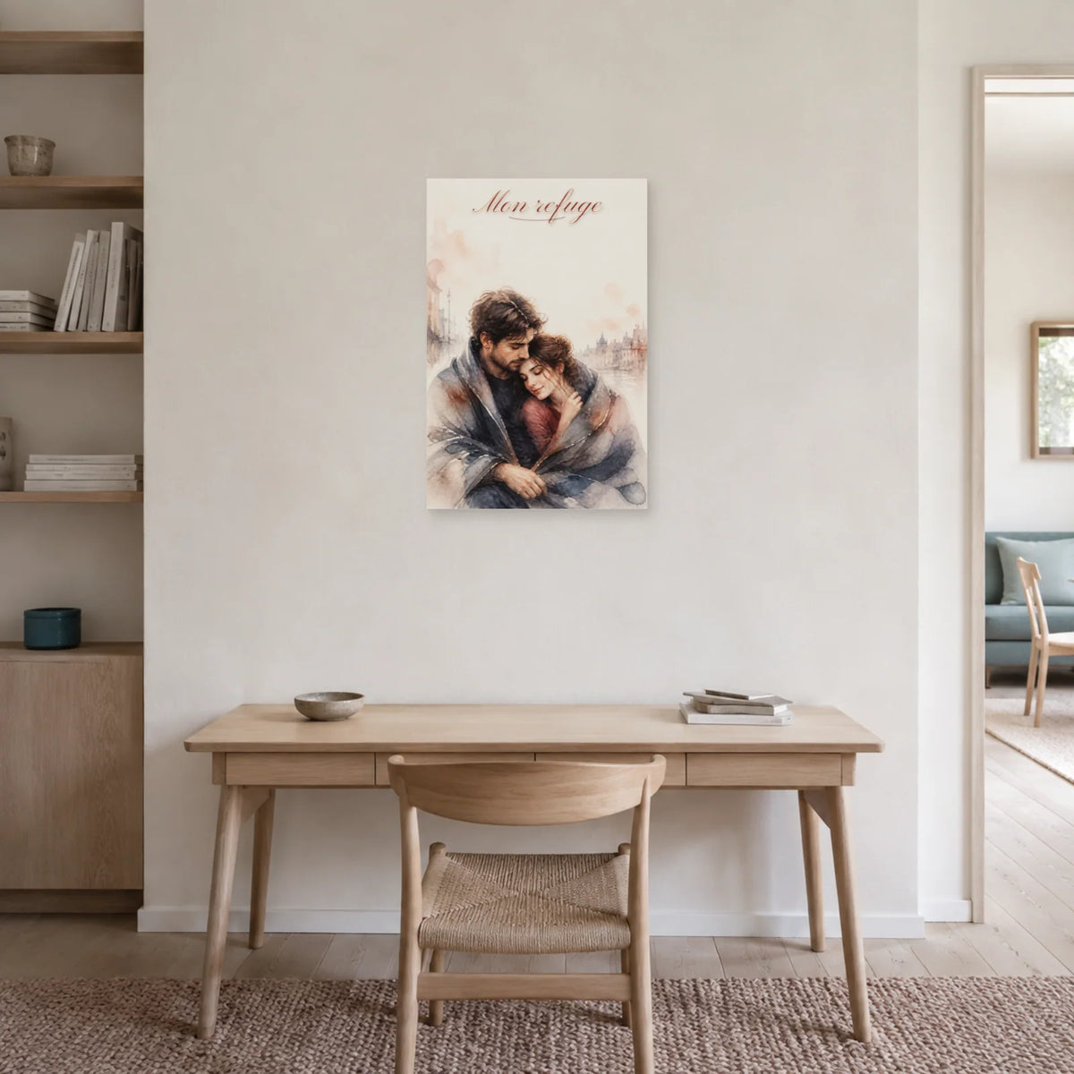 Affiche Mon refuge - Couple aquarelle dans un bureau - Art Virtuoso