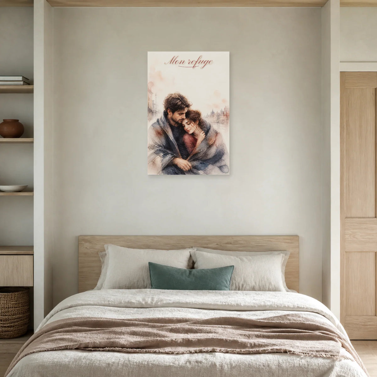 Affiche Mon refuge - Couple aquarelle dans une chambre - Art Virtuoso