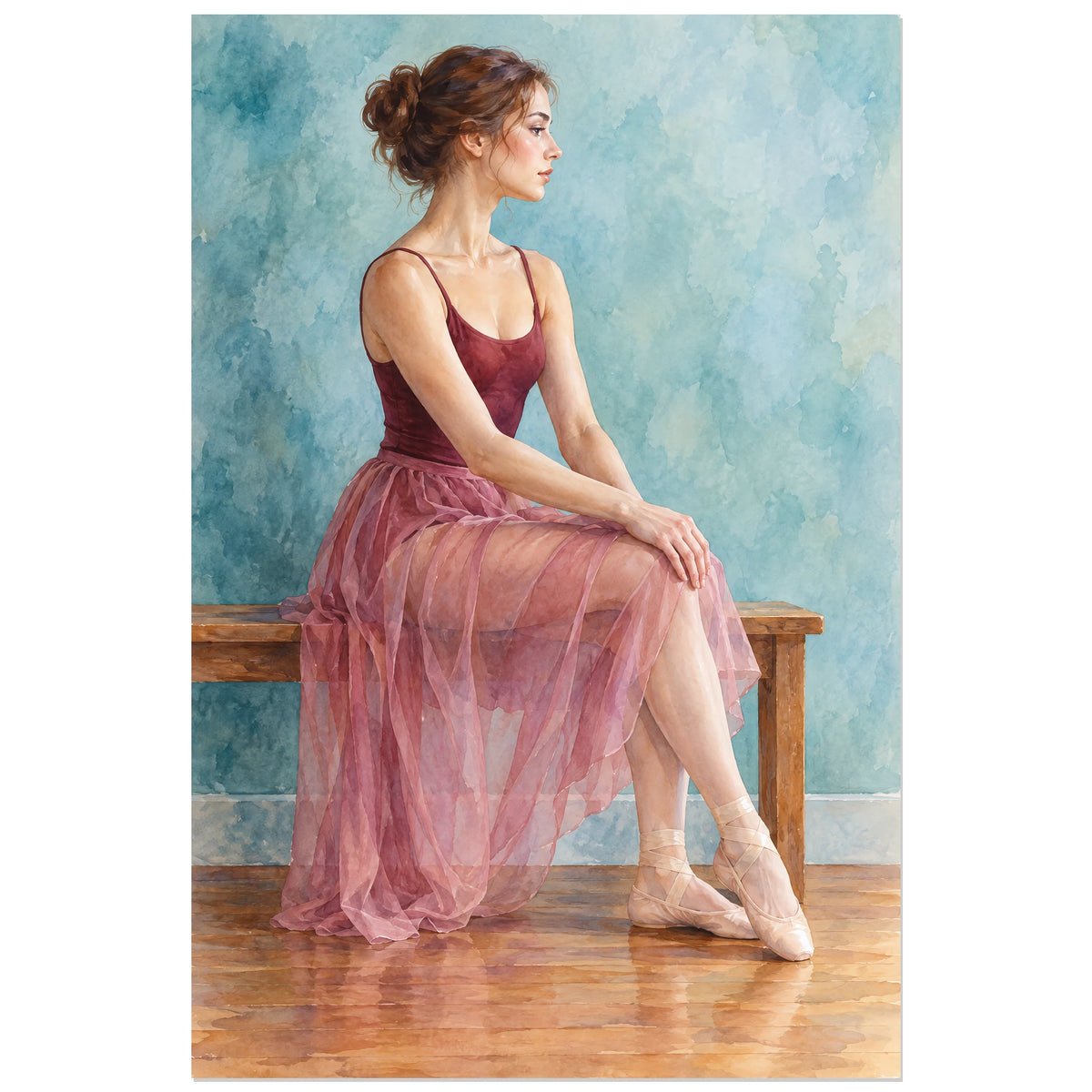 Affiche Aquarelle Danseuse au repos, illustration à effet aquarelle / lavis numérique verticale, format 30 × 45 cm