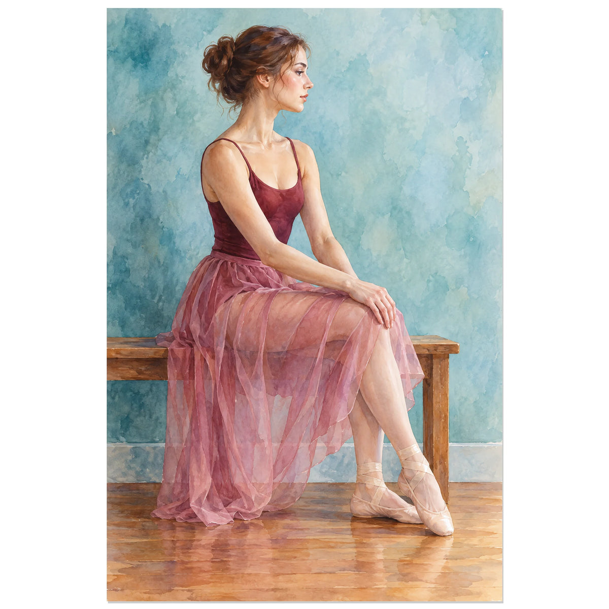 Affiche Aquarelle Danseuse au repos, illustration à effet aquarelle / lavis numérique verticale, format 60 × 90 cm