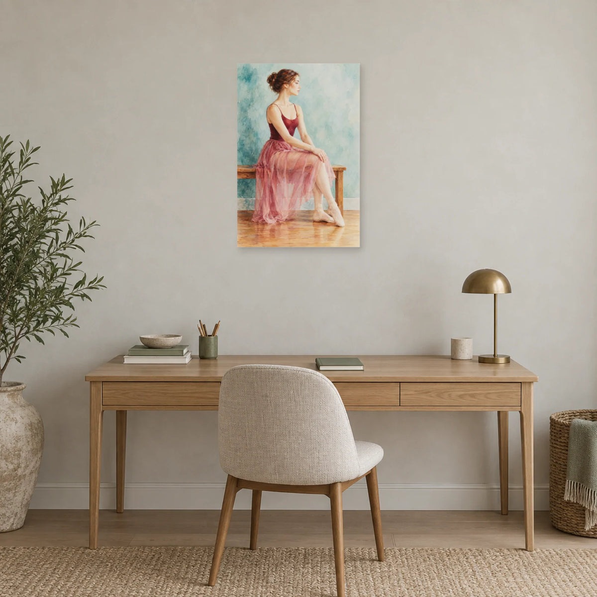 Affiche Aquarelle Danseuse au repos dans un bureau - Art Virtuoso