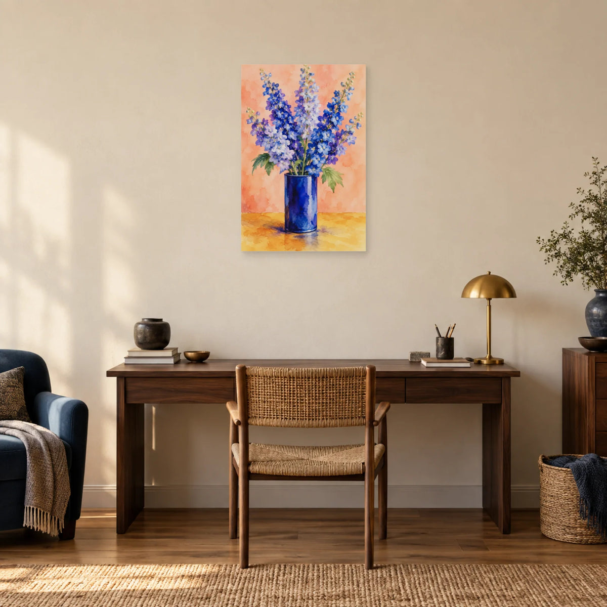 Affiche Aquarelle Delphiniums au vase cobalt dans un bureau - Art Virtuoso