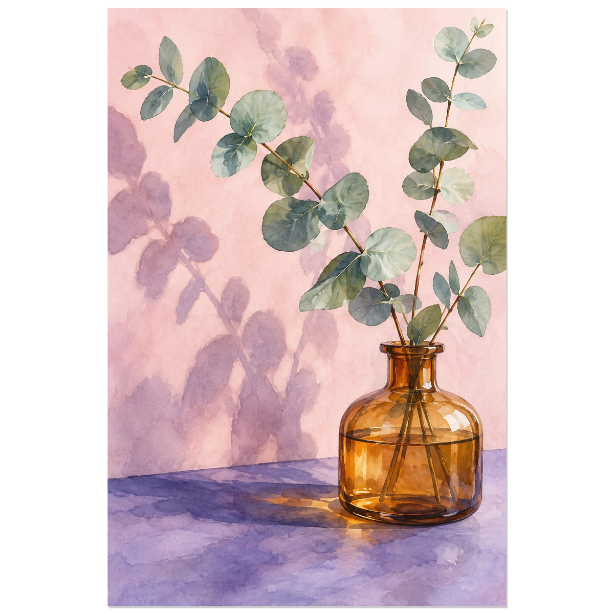 Affiche Aquarelle Eucalyptus et verre ambré, illustration à effet aquarelle / lavis numérique verticale, format 30 × 45 cm