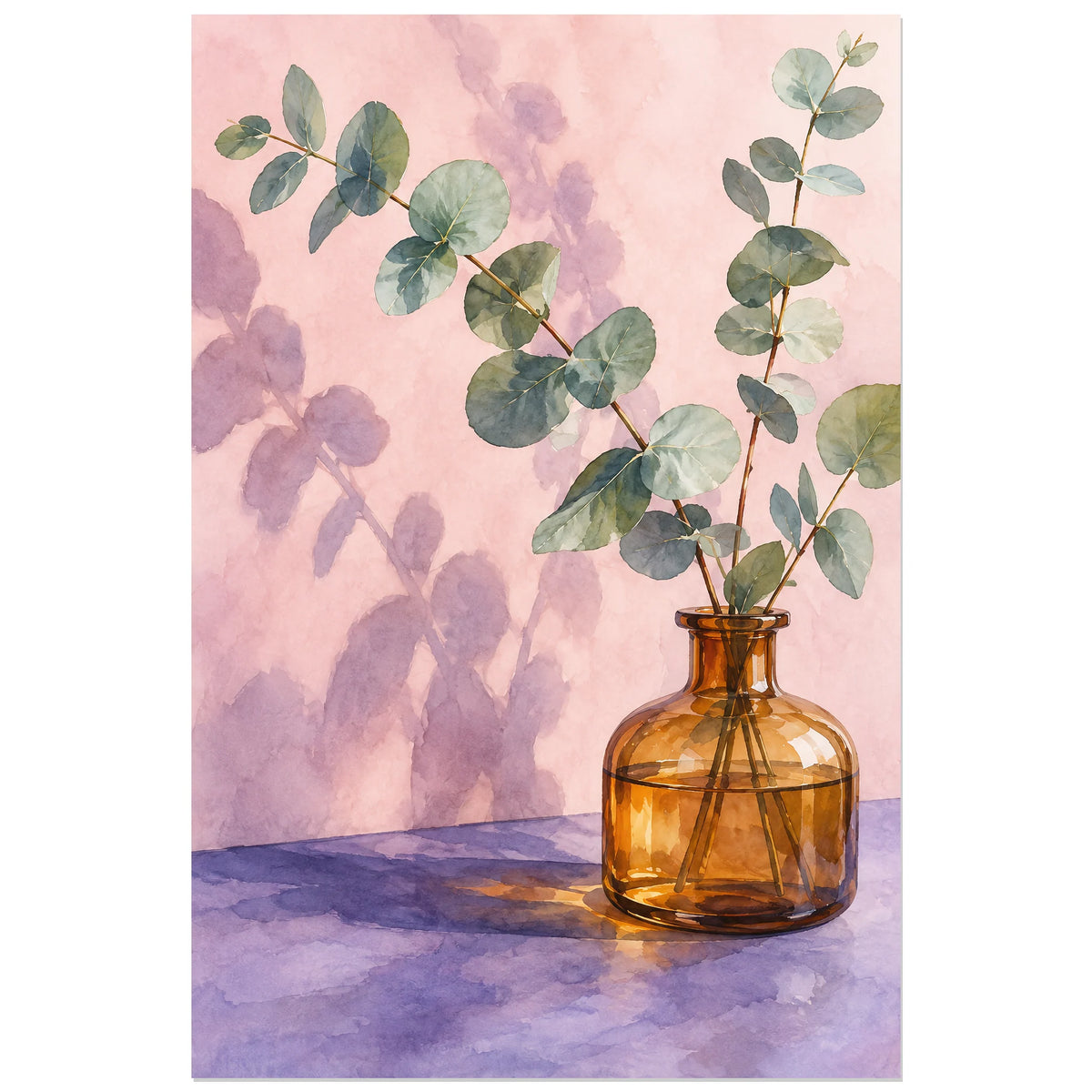Affiche Aquarelle Eucalyptus et verre ambré, illustration à effet aquarelle / lavis numérique verticale, format 60 × 90 cm