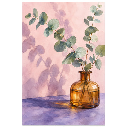 Affiche Aquarelle Eucalyptus et verre ambré, illustration à effet aquarelle / lavis numérique verticale, format 60 × 90 cm