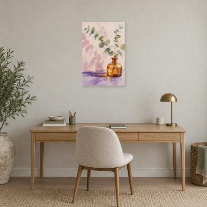 Affiche Aquarelle Eucalyptus et verre ambré dans un bureau - Art Virtuoso
