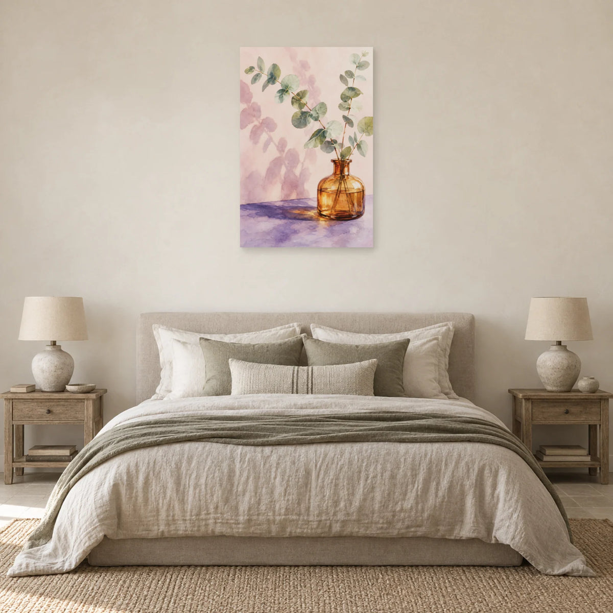 Affiche Aquarelle Eucalyptus et verre ambré dans une chambre - Art Virtuoso