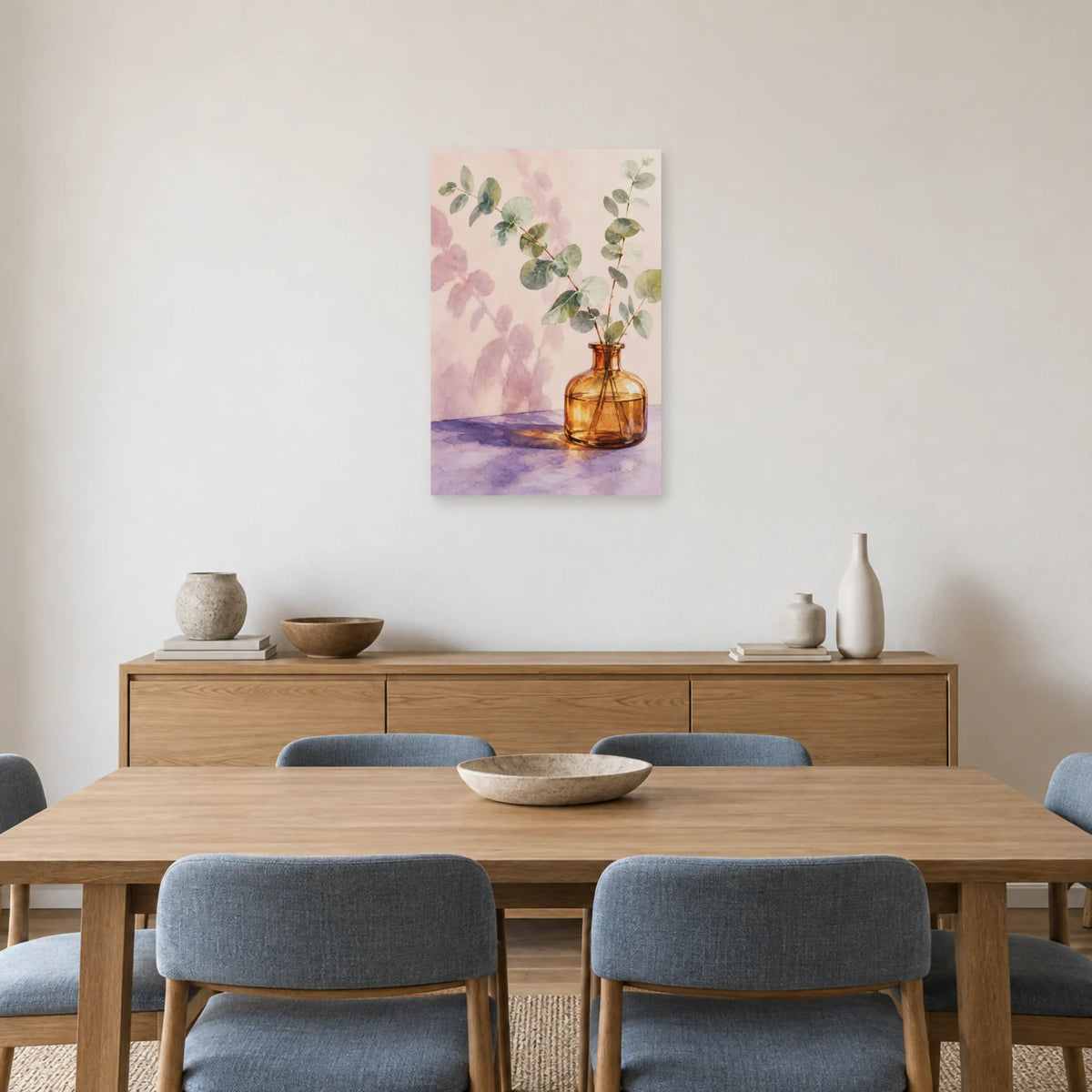 Affiche Aquarelle Eucalyptus et verre ambré dans une salle à manger - Art Virtuoso