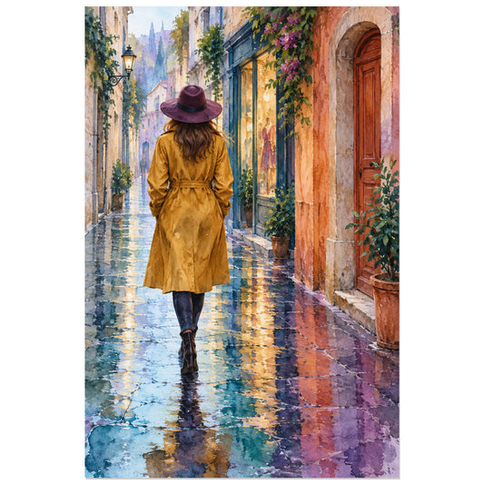 Affiche Aquarelle Femme au chapeau sous l'averse, illustration à effet aquarelle / lavis numérique verticale, format 30 × 45 cm
