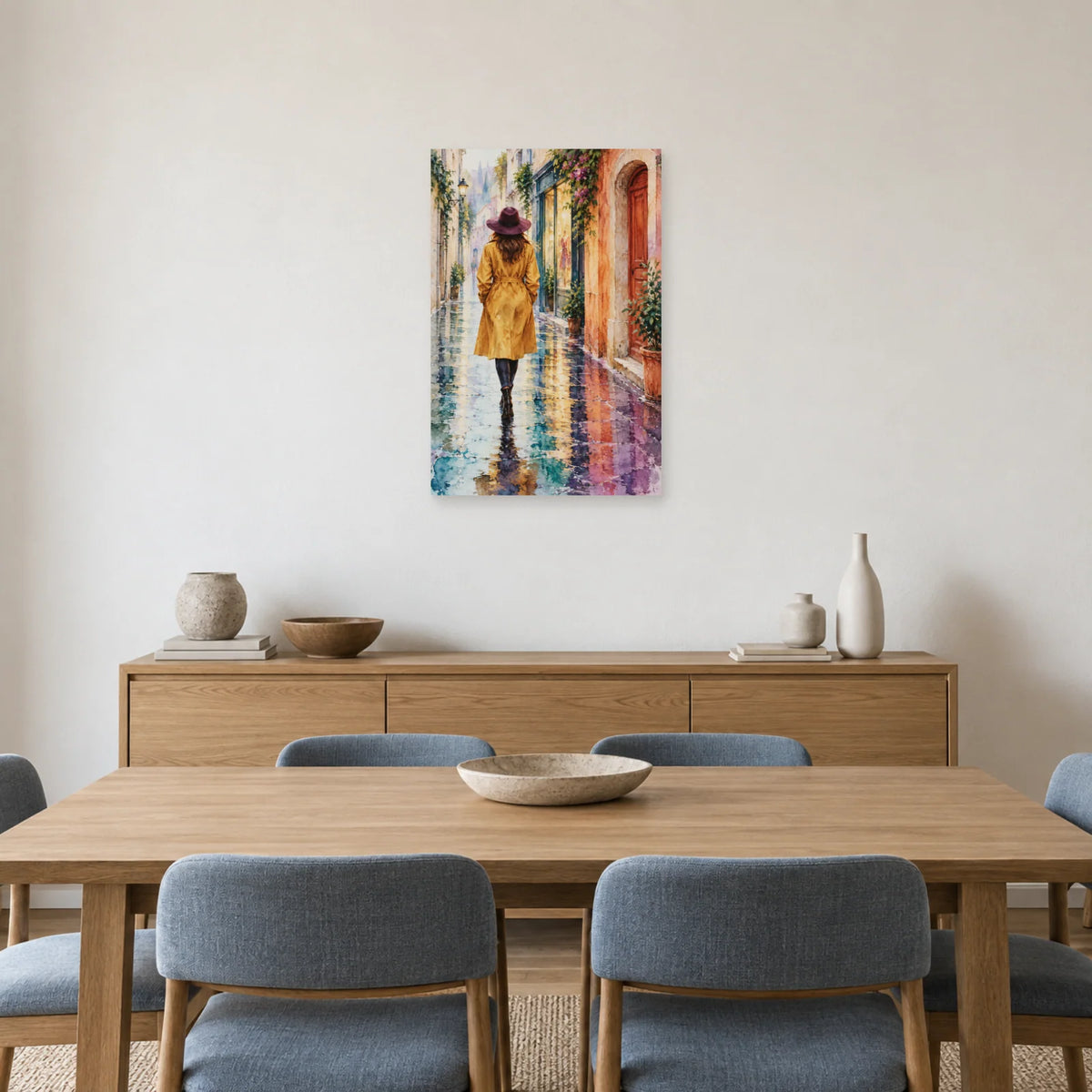 Affiche Aquarelle Femme au chapeau sous l'averse dans une salle à manger - Art Virtuoso