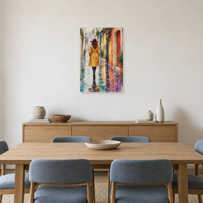 Affiche Aquarelle Femme au chapeau sous l'averse dans une salle à manger - Art Virtuoso