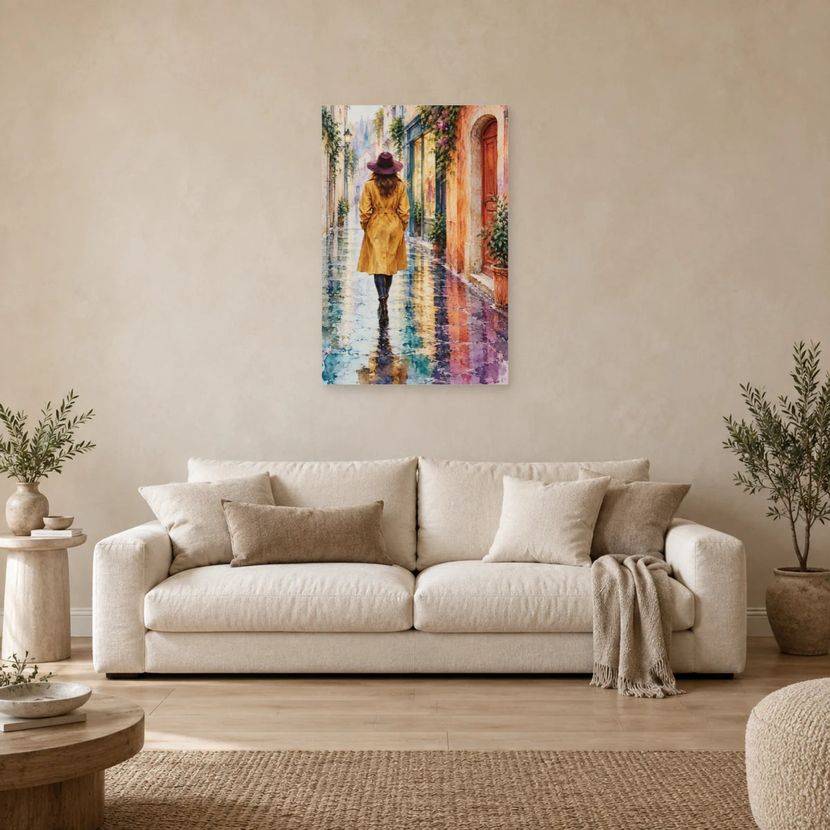 Affiche Aquarelle Femme au chapeau sous l'averse dans un salon - Art Virtuoso