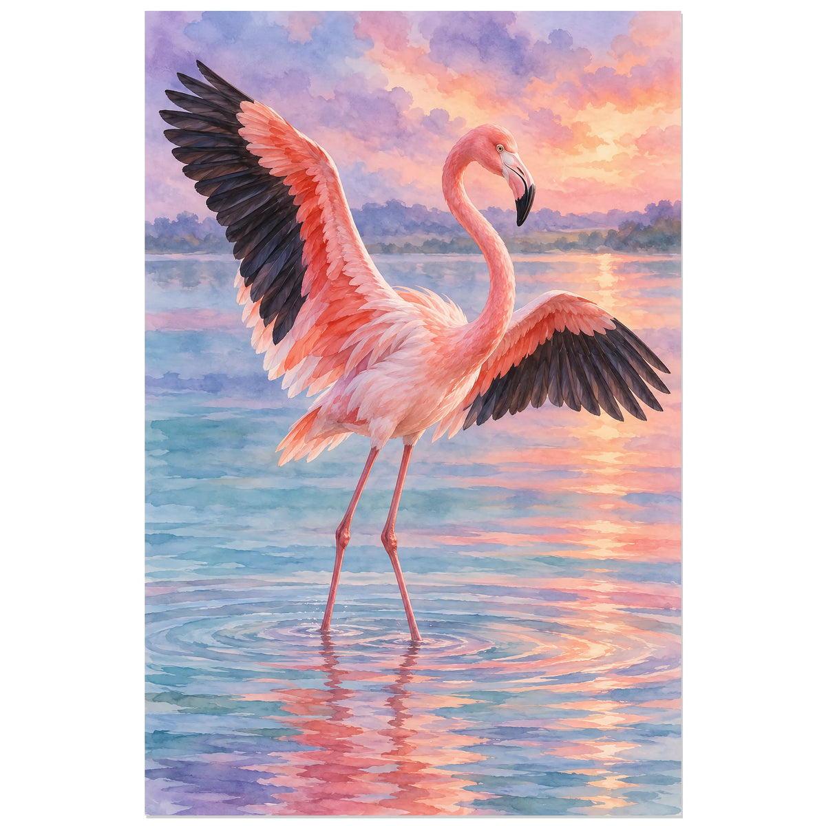 Affiche Aquarelle Flamant ailes ouvertes, illustration à effet aquarelle / lavis numérique verticale, format 40 × 60 cm
