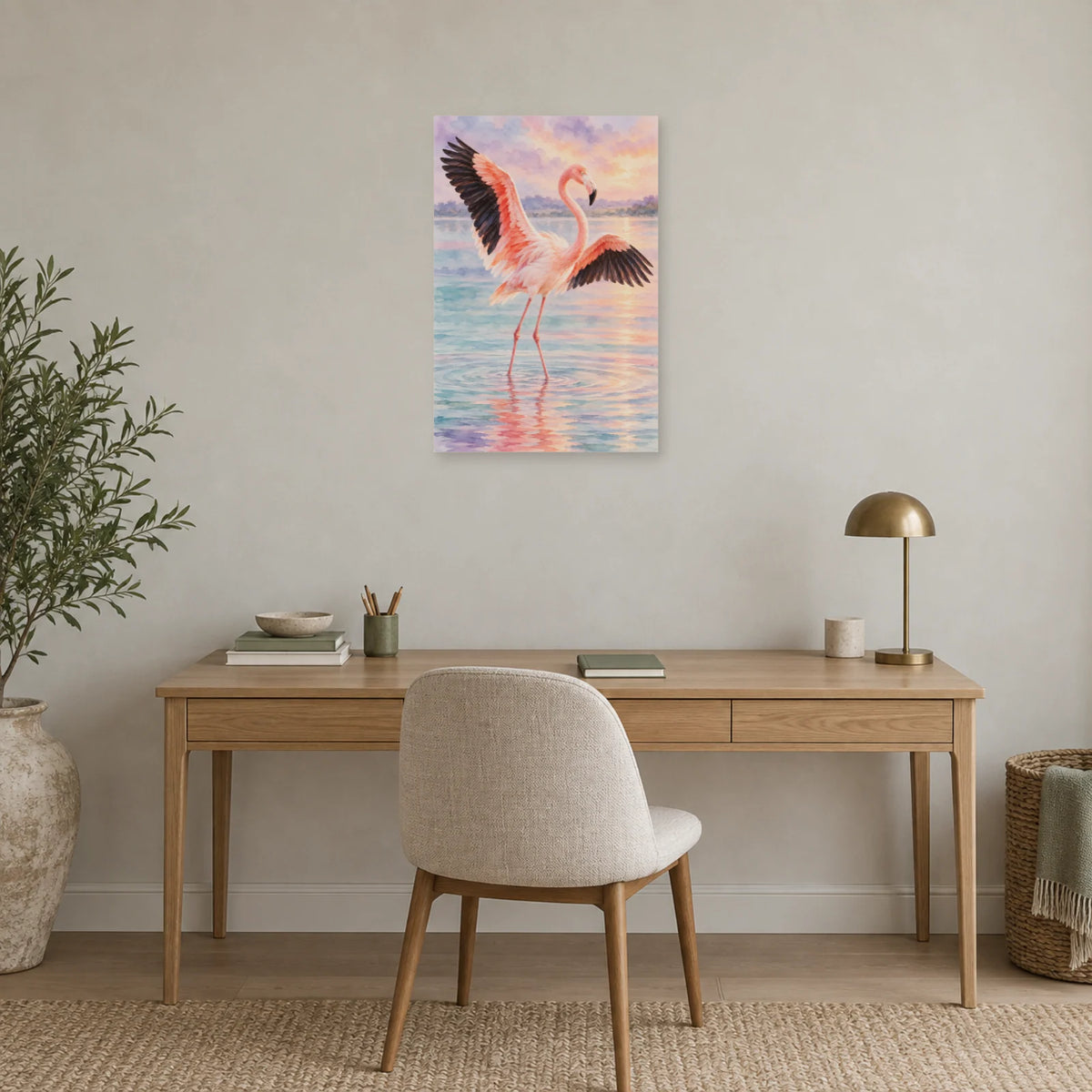 Affiche Aquarelle Flamant ailes ouvertes dans un bureau - Art Virtuoso