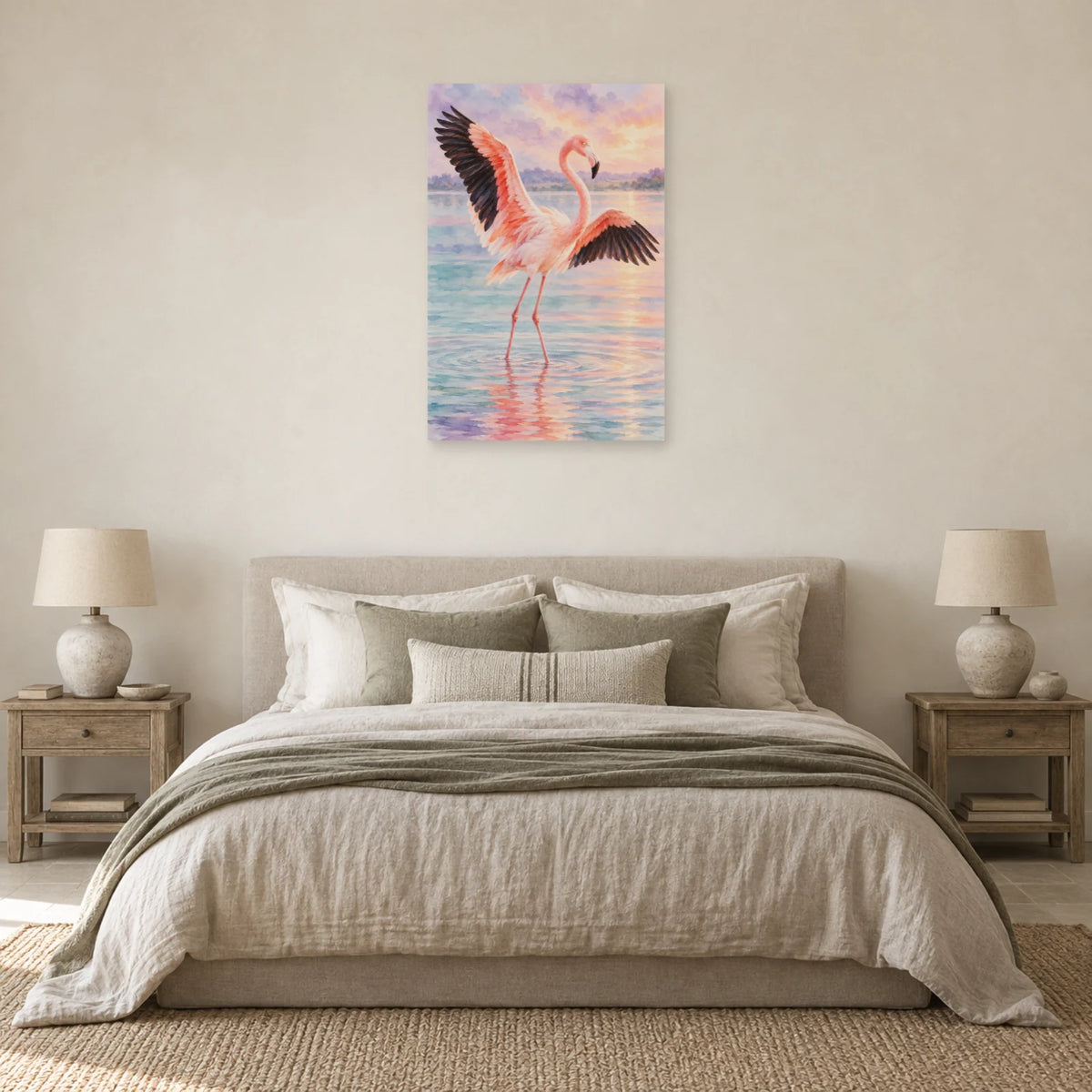 Affiche Aquarelle Flamant ailes ouvertes dans une chambre - Art Virtuoso