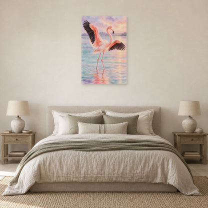 Affiche Aquarelle Flamant ailes ouvertes dans une chambre - Art Virtuoso