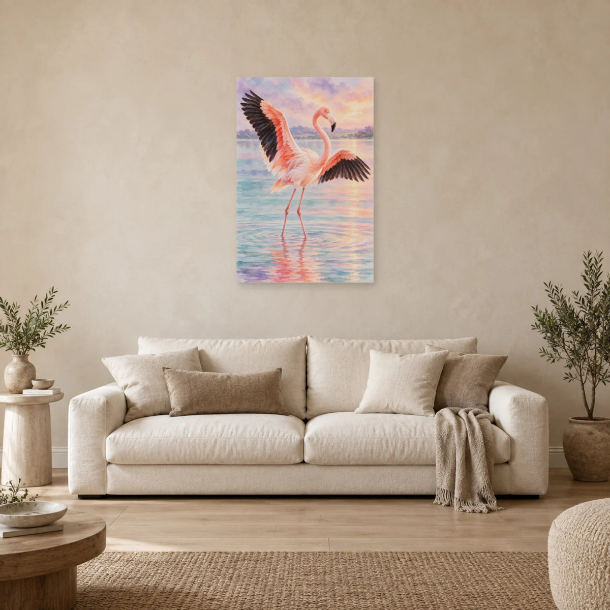 Affiche Aquarelle Flamant ailes ouvertes dans un salon - Art Virtuoso