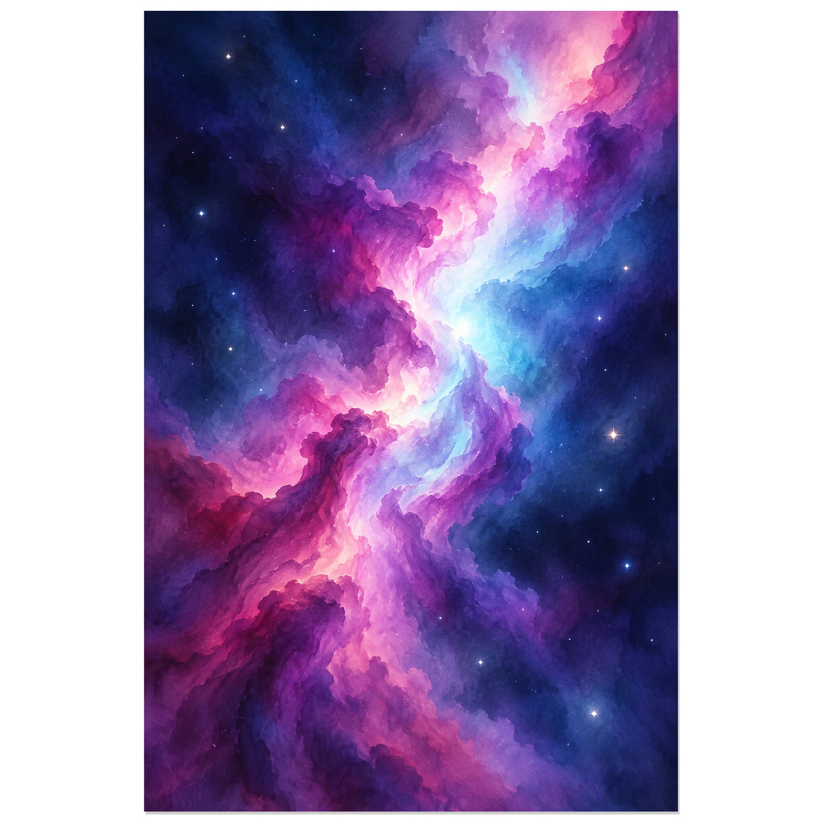 Affiche Aquarelle Galaxie en lavis violet, illustration à effet aquarelle / lavis numérique verticale, format 40 × 60 cm