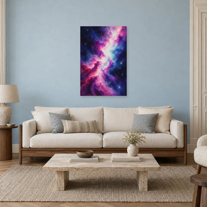 Affiche Aquarelle Galaxie en lavis violet dans un salon - Art Virtuoso