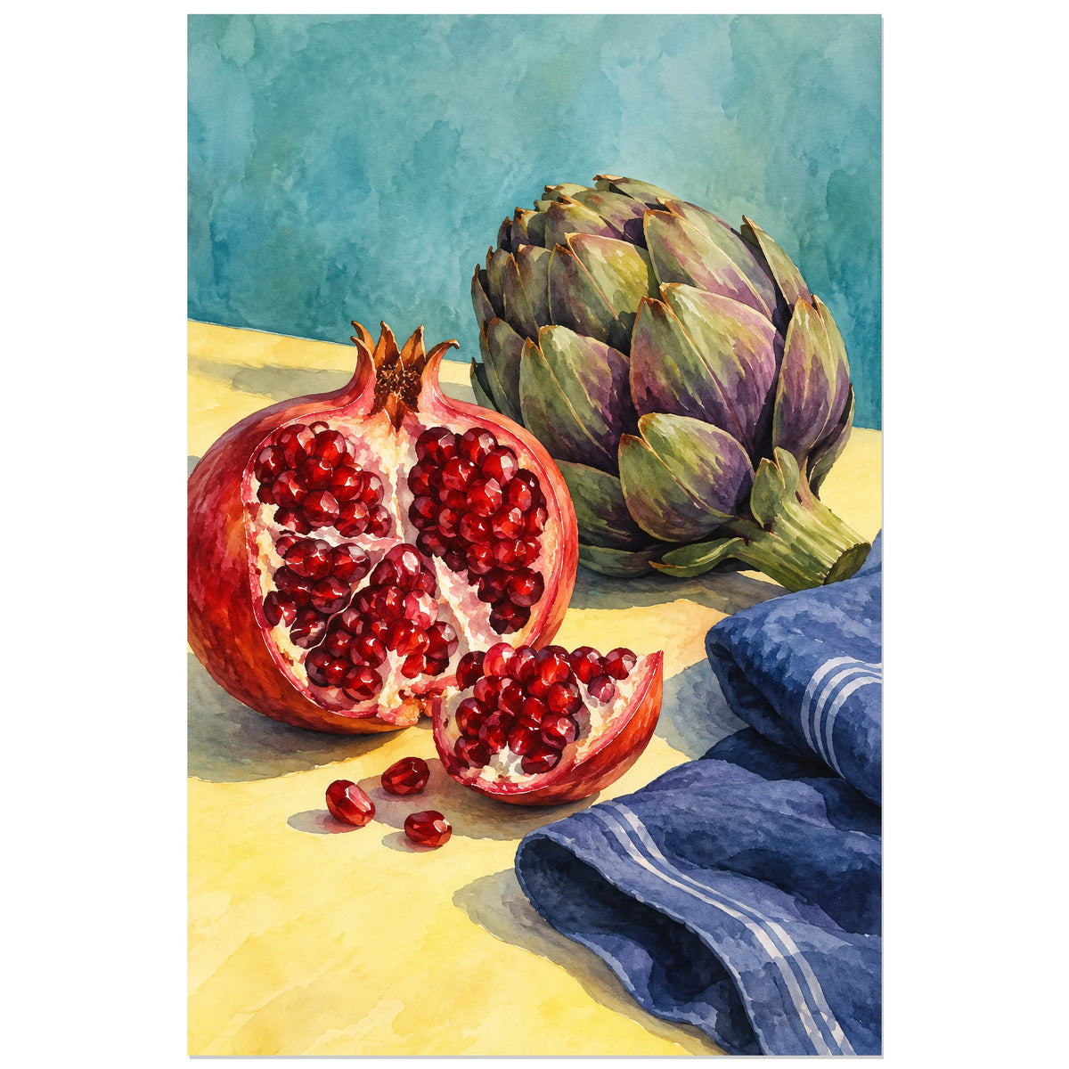 Affiche Aquarelle Grenade et artichaut, illustration à effet aquarelle / lavis numérique verticale, format 30 × 45 cm