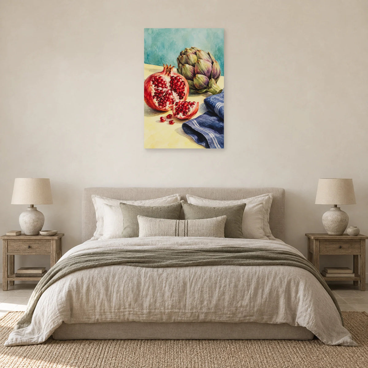 Affiche Aquarelle Grenade et artichaut dans une chambre - Art Virtuoso