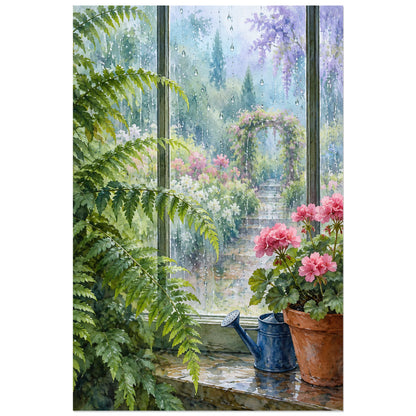 Affiche Aquarelle Jardin sous la pluie, illustration à effet aquarelle / lavis numérique verticale, format 40 × 60 cm