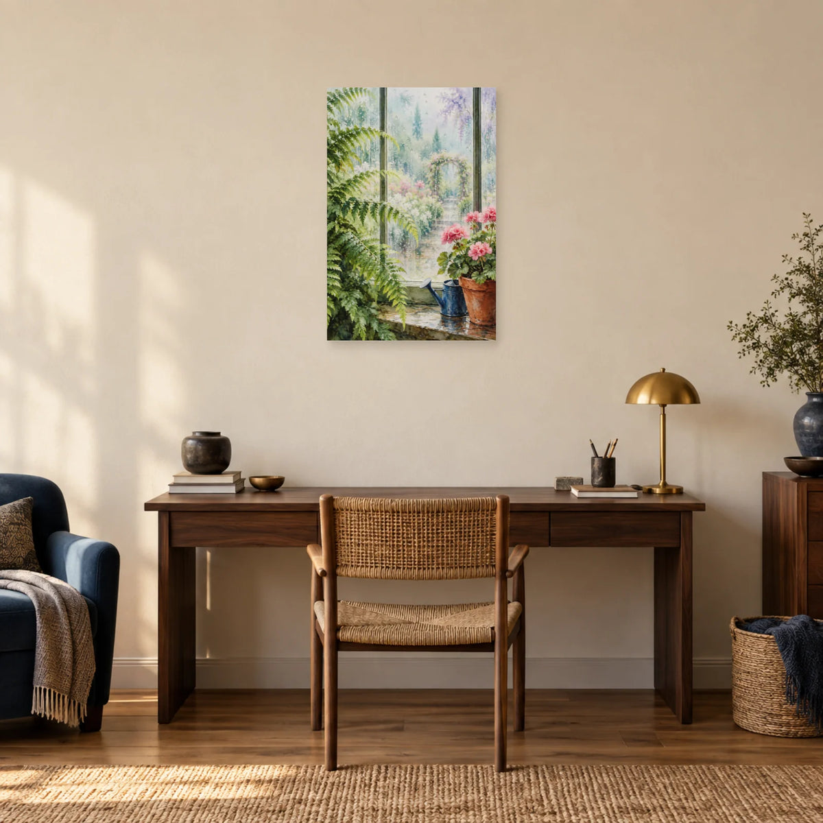 Affiche Aquarelle Jardin sous la pluie dans un bureau - Art Virtuoso