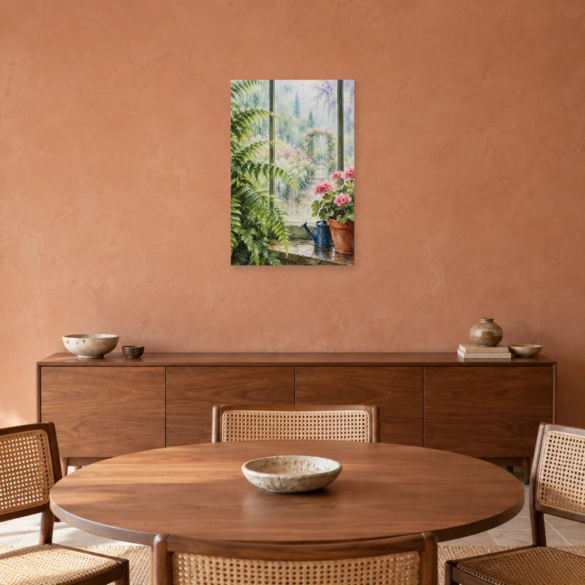 Affiche Aquarelle Jardin sous la pluie dans une salle à manger - Art Virtuoso